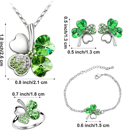 Gyovinnjuwanua Four Leaf Clover Alloy Jewelry - 4Pcs Irish Saint St.Patrick'S Day Lucky Necklace Bracelet Earrings Ring Jewelry Gifts, Clover Silver Alloy Ornament & Plush Gift Pouch for Women