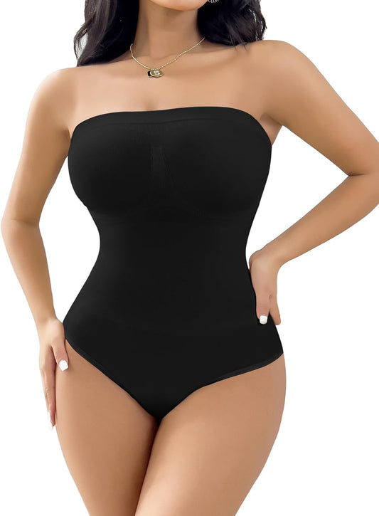 Strapless shapewear bodysuit with removable straps on model