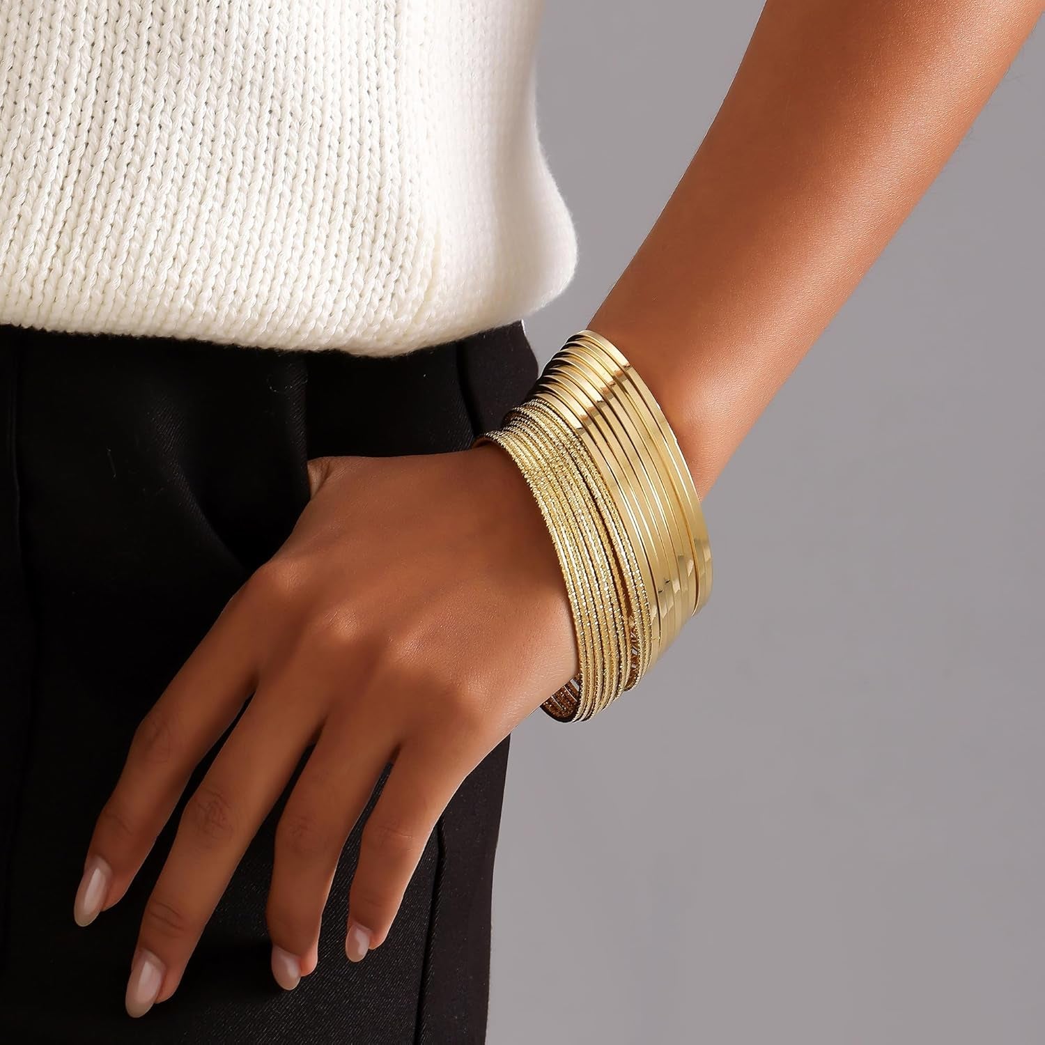 Chunky textured gold bangle bracelets multi-layer stack