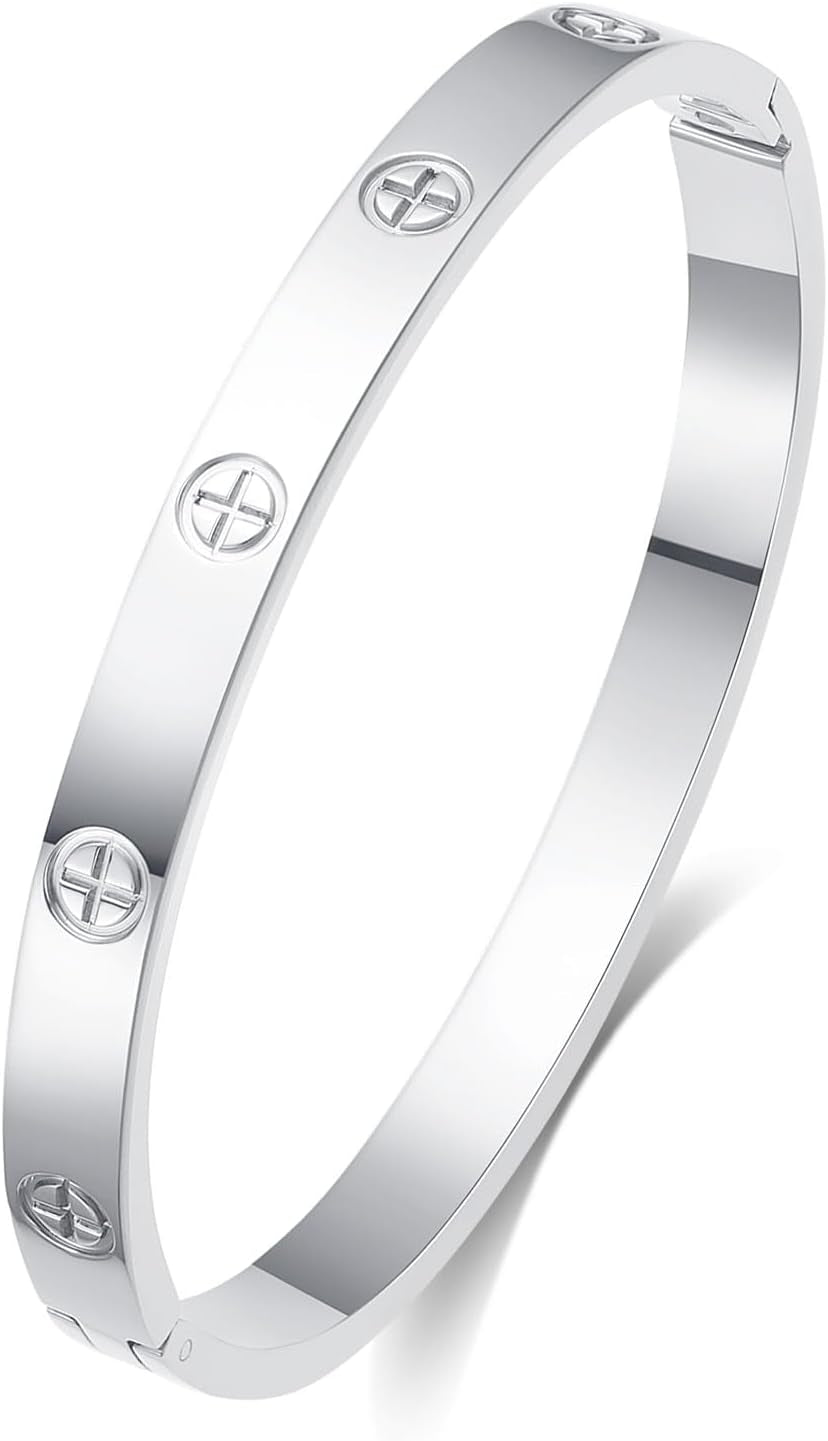 18K Gold-Plated Love Bangle Bracelets for Women, Silver Cross Bangle Bracelets, Waterproof Stainless Steel Friendship Jewelry, Valentines Christmas Birthday Gifts for Her