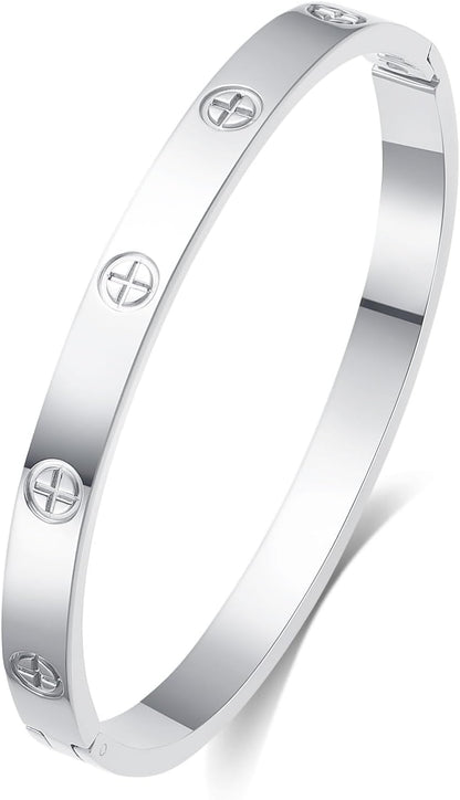 18K Gold-Plated Love Bangle Bracelets for Women, Silver Cross Bangle Bracelets, Waterproof Stainless Steel Friendship Jewelry, Valentines Christmas Birthday Gifts for Her