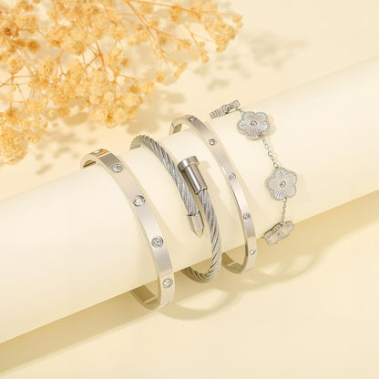 18K Gold Bracelets for Women - Stackable Clover & Nail Love Bangle Set - Non-Tarnish Stainless Steel Jewelry Gift for Valentine'S, Mother'S Day & Christmas