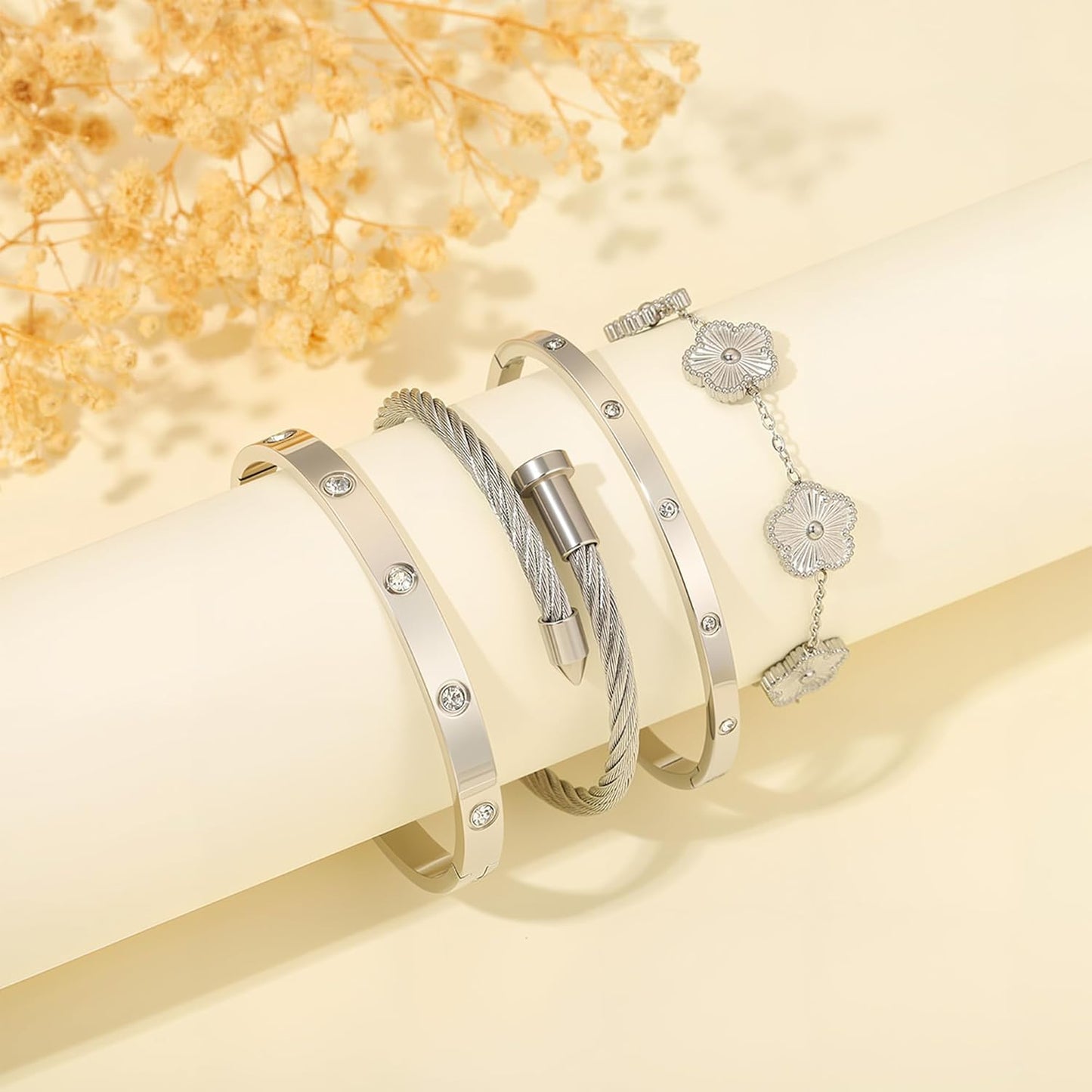 18K Gold Bracelets for Women - Stackable Clover & Nail Love Bangle Set - Non-Tarnish Stainless Steel Jewelry Gift for Valentine'S, Mother'S Day & Christmas