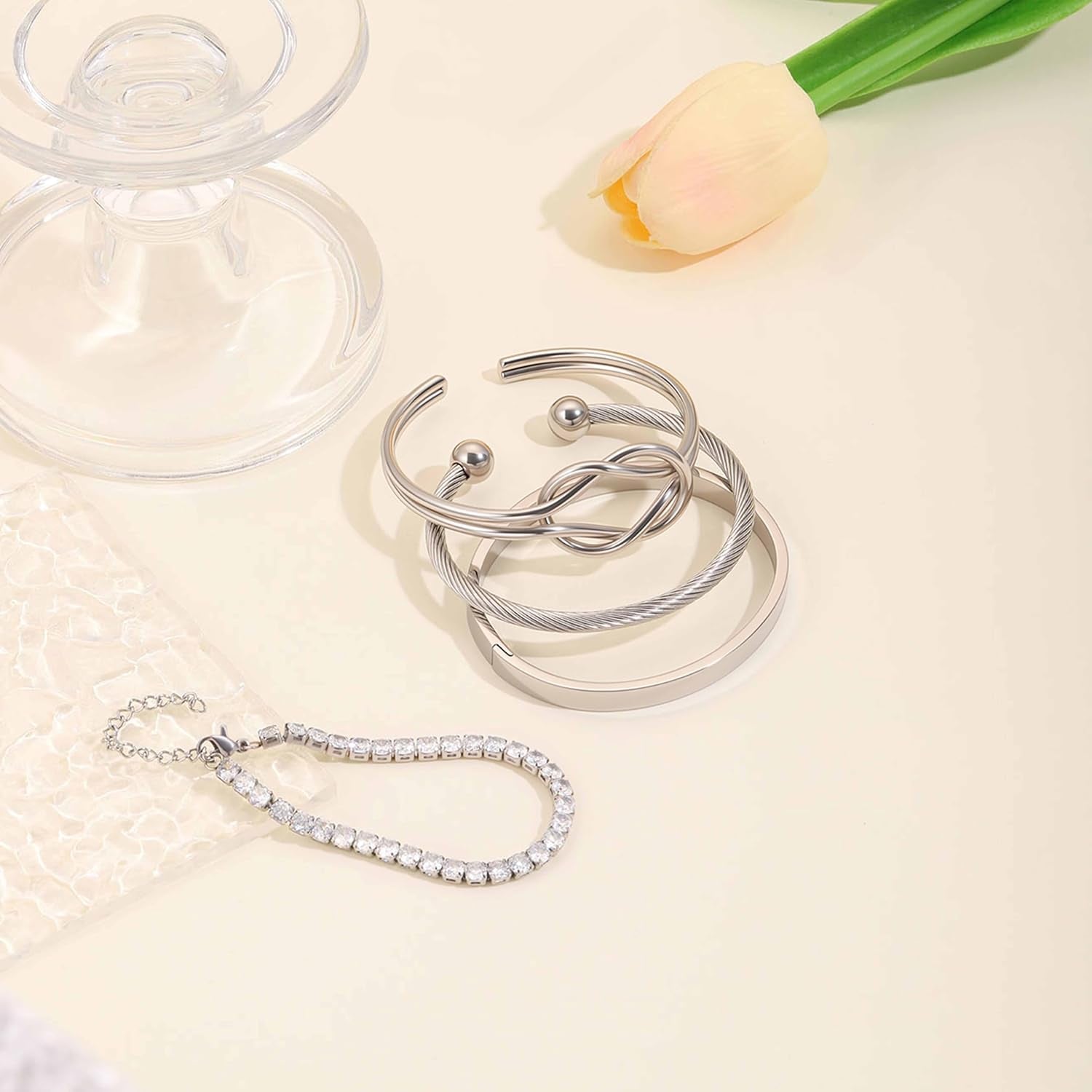 Gold Cuff Stack Bracelet for Women-18K Gold Plated Cubic Zirconia Tennis Bracelet, Love Bangle Stainless Steel Non-Tarnish Jewelry Set for Women Trendy