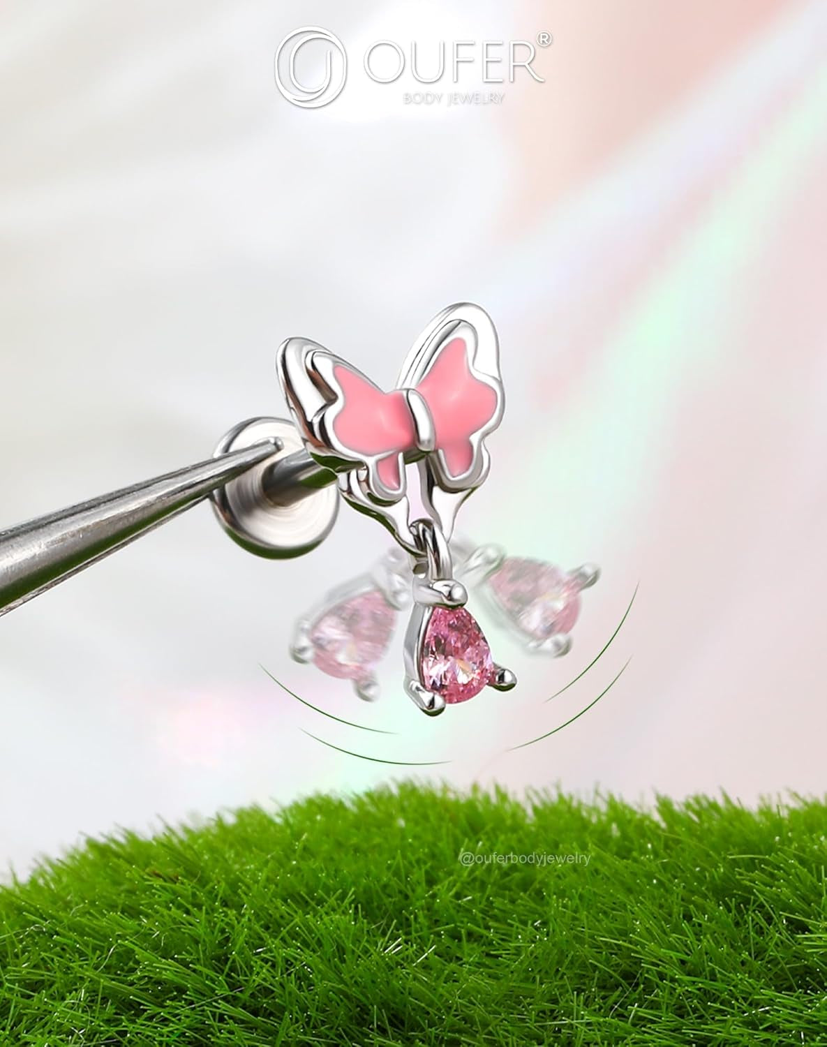 OUFER Pink Dangle Butterfly Cartilage Earrings Studs, Silver 16G Helix Earrings Flat Back Internally Threaded Helix Cartilage Tragus Piercing Jewelry for Women Men-6Mm