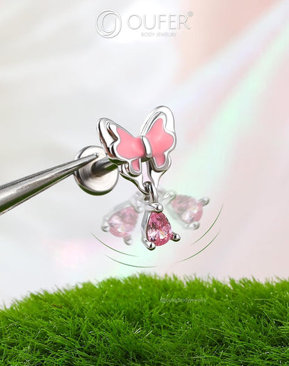 OUFER Pink Dangle Butterfly Cartilage Earrings Studs, Silver 16G Helix Earrings Flat Back Internally Threaded Helix Cartilage Tragus Piercing Jewelry for Women Men-6Mm