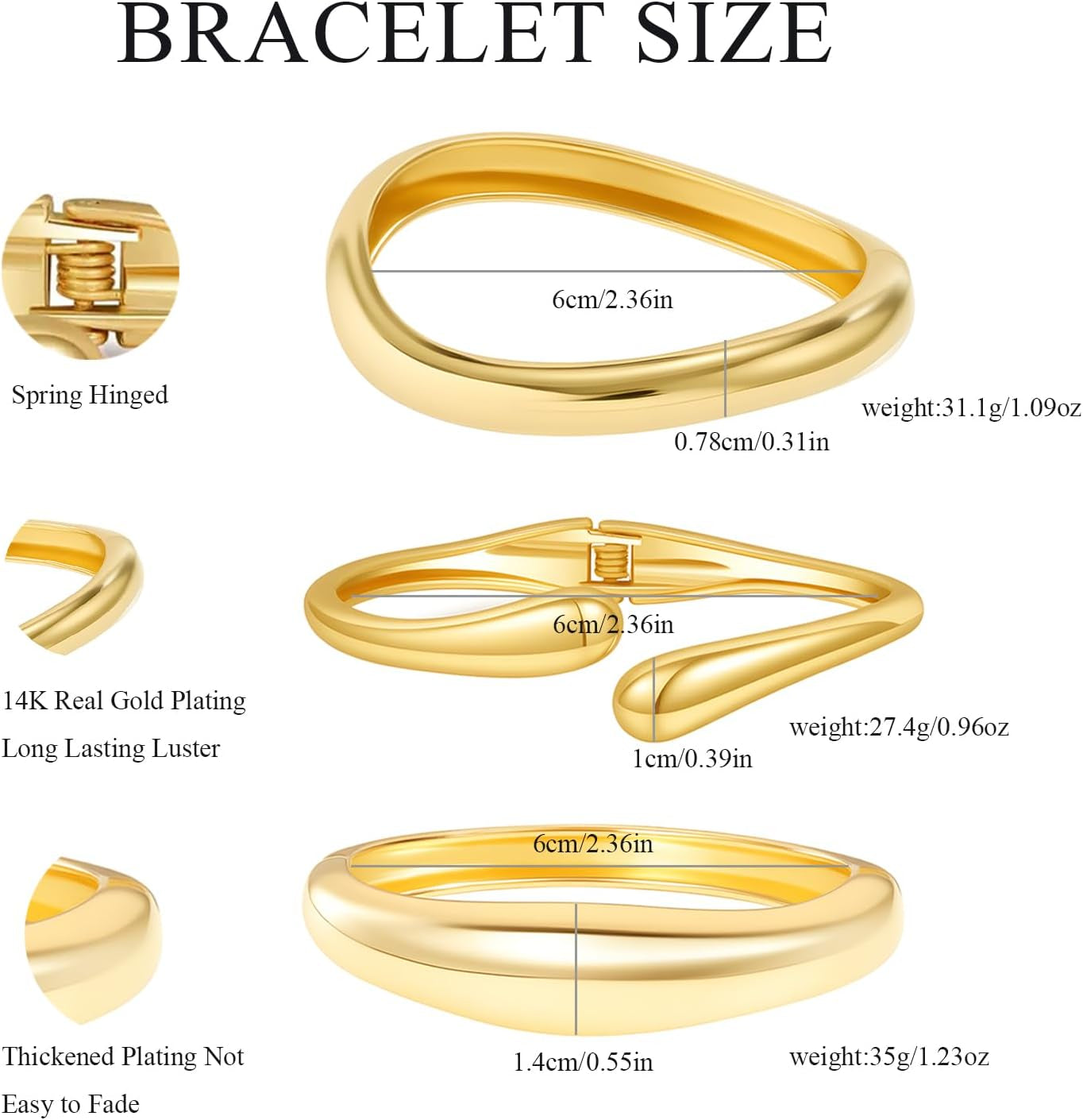 Chunky Gold Bangles for Women, 14K Gold Plated Twisted Hinged Stackable Bangle Bracelet Set, Trendy Cuff Bracelet Stack Fashion Jewelry Gifts