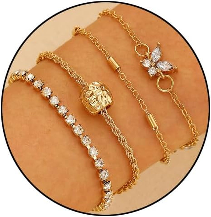 Chunky Gold Bracelets for Women Boho Stackable Bangle Cuff Bracelet Set Layered Link Chain Bracelet Adjustable Butterfly Pearl CZ Tennis Statement Bracelets Dainty Jewelry