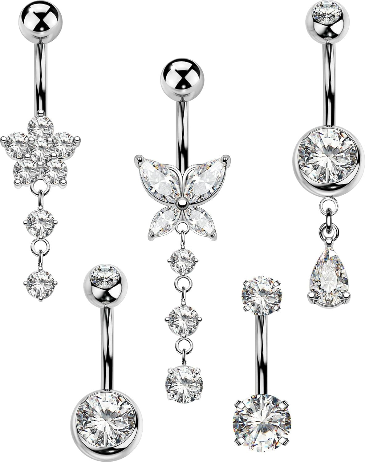 5PCS Belly Button Rings for Women 14G Dangle Navel Piercing Jewelry Set Surgical Stainless Steel Body Jewelry with CZ Butterfly Flower Teardrop Barbell for Beach Festival Daily