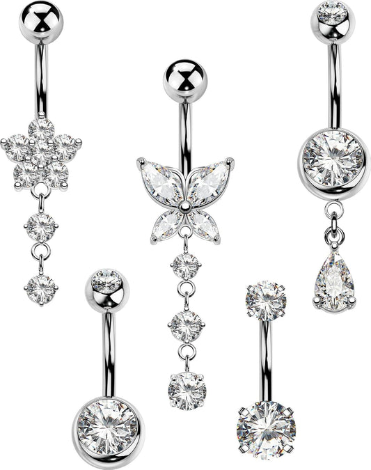 5PCS Belly Button Rings for Women 14G Dangle Navel Piercing Jewelry Set Surgical Stainless Steel Body Jewelry with CZ Butterfly Flower Teardrop Barbell for Beach Festival Daily