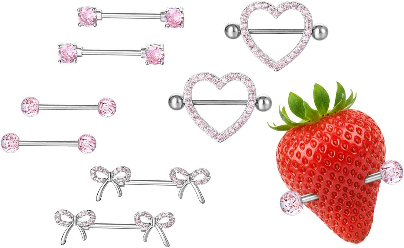 Pink Crystal Surgical Steel Nipple Rings Piercing Jewelry for Women Men, Heart/Bow/Sparkling Diamond Nipple Nail Barbell Piercing Accessory, Body Piercing Accessory Jewelry Gift ﻿