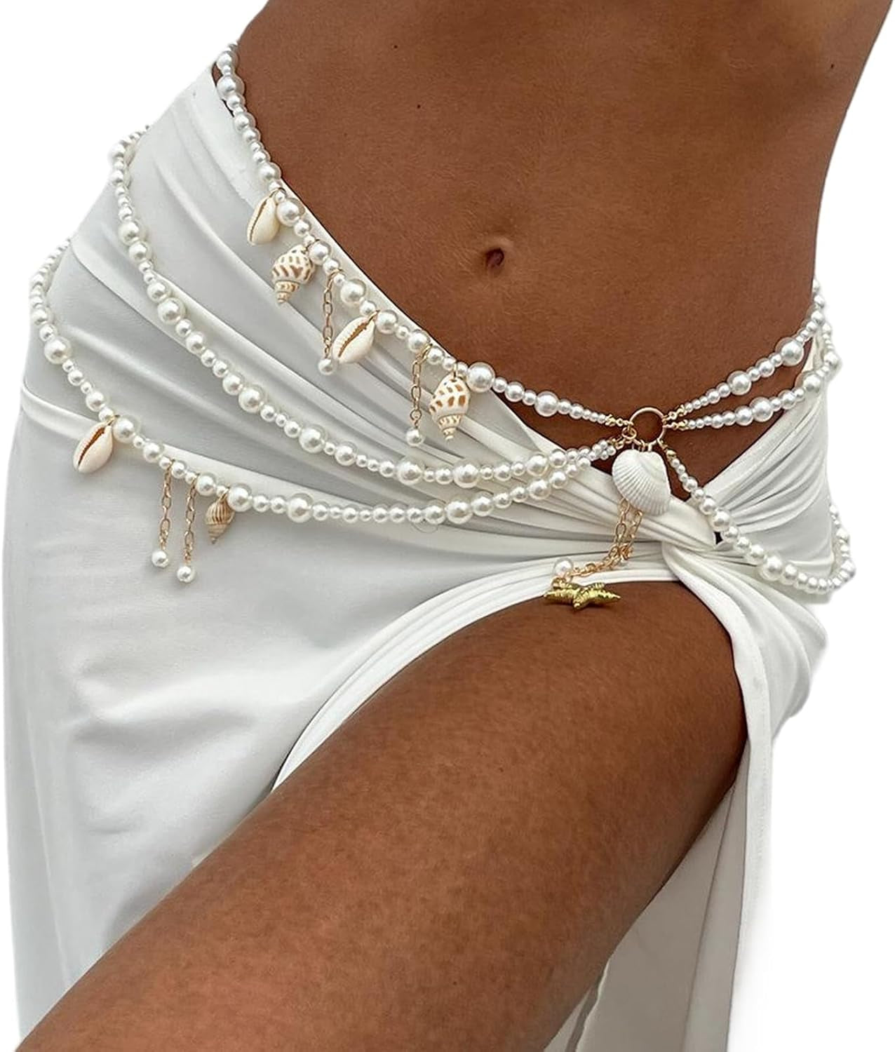 Summer Beach Shell Conch Pendant Waist Chain Belt Festival Rave Pearl Waist Body Chain Multi-Layered Pearl Belly Chain Jewelry Outfit Dress Body Jewelry for Women