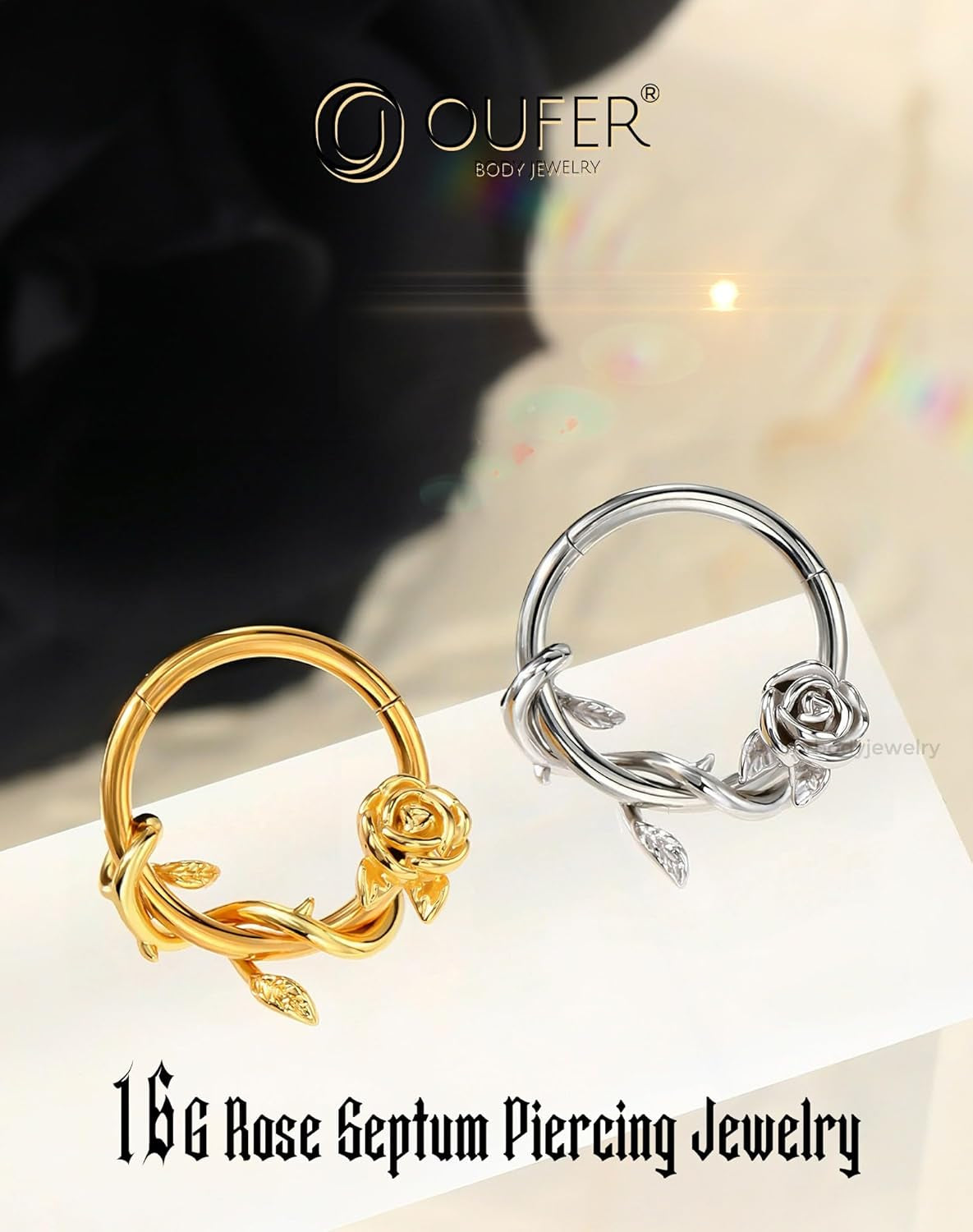 OUFER Flower 16G Gold Septum Rings, 316L Surgical Steel Septum Jewelry, Hinged Clicker Daith Piercing Jewelry, Daith Cartilage Helix Tragus Earring Hoop for Women