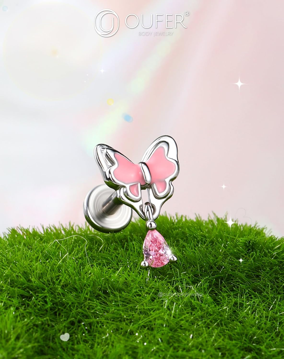 OUFER Pink Dangle Butterfly Cartilage Earrings Studs, Silver 16G Helix Earrings Flat Back Internally Threaded Helix Cartilage Tragus Piercing Jewelry for Women Men-6Mm