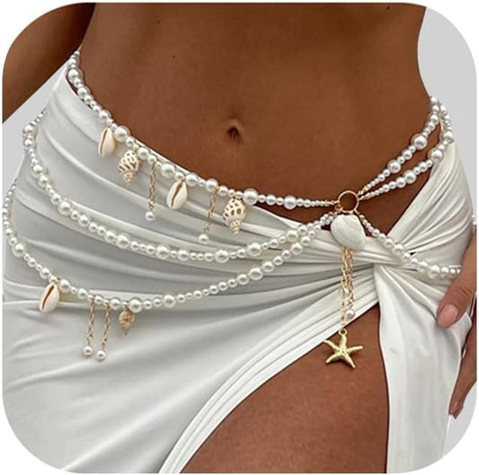 Summer Beach Shell Conch Pendant Waist Chain Belt Festival Rave Pearl Waist Body Chain Multi-Layered Pearl Belly Chain Jewelry Outfit Dress Body Jewelry for Women