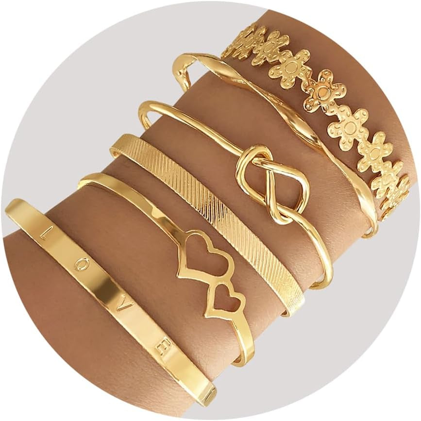 14K gold plated multi-layer stackable bangle bracelets set for women