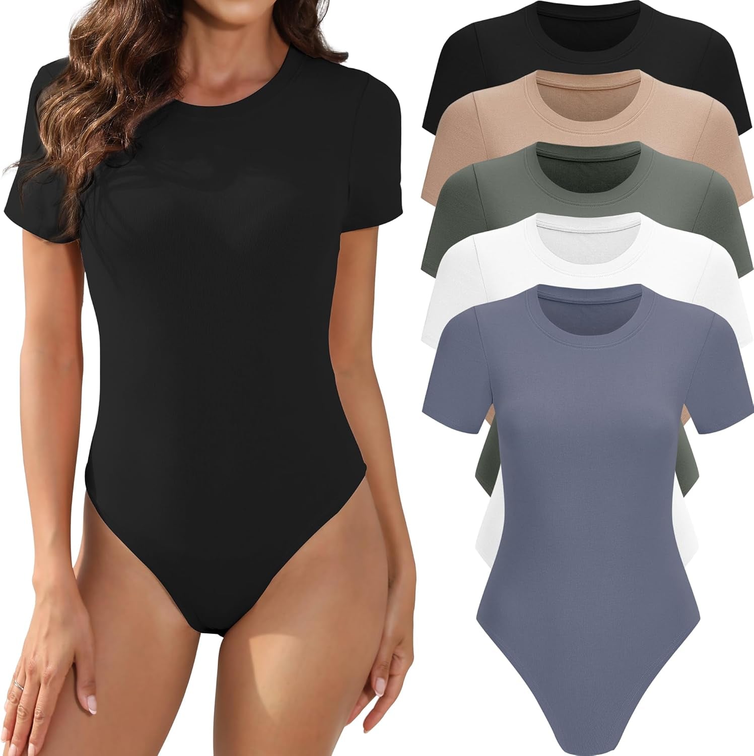 MLYENX 5 pack womens short sleeve bodysuits round neck white