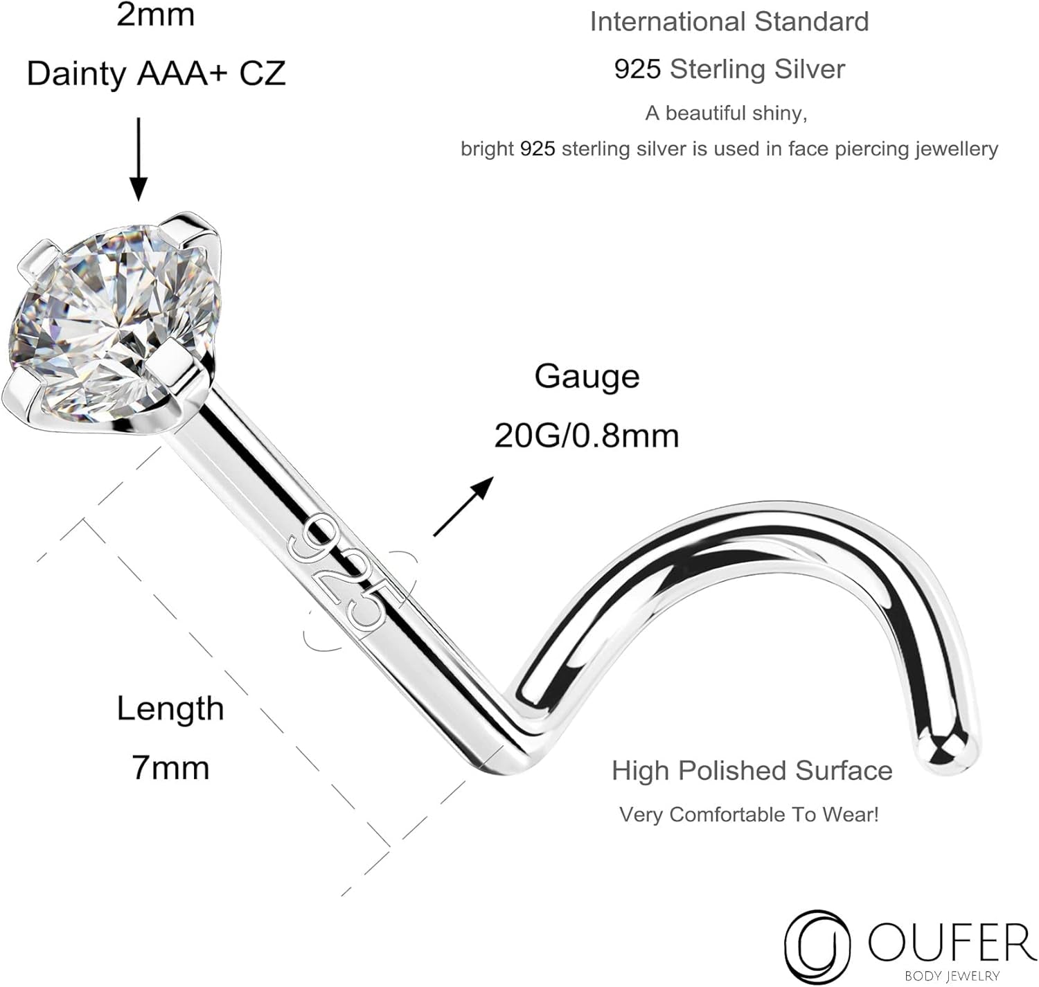 OUFER 925 Sterling Silver Nose Studs, Bone L Screw Shaped Nose Rings, 20G Nostril Solid 2Mm round CZ Nose Piercing Jewelry for Women Men-Screw Shaped