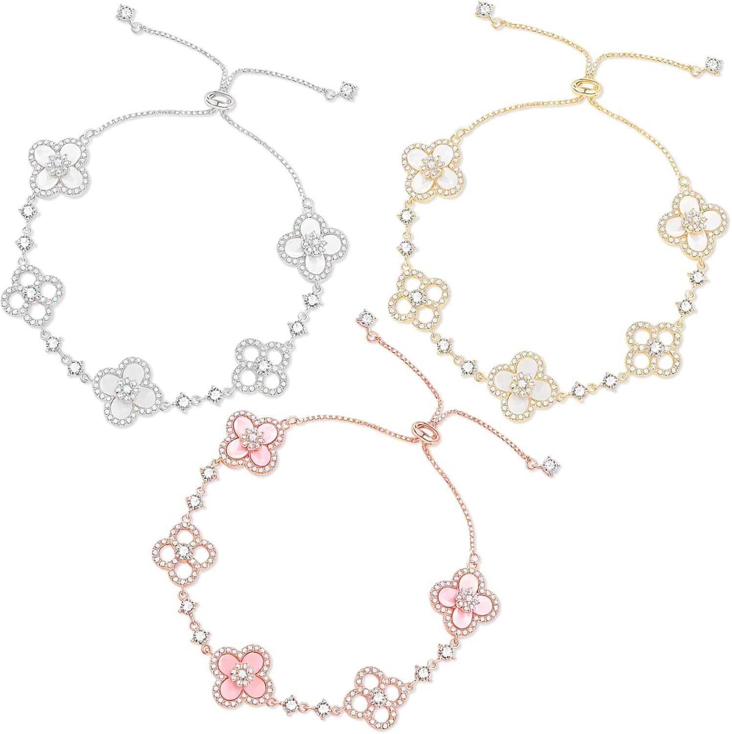 3Pcs Gold Plated Clover Bracelets for Women Trendy Lucky Sliver Four Leaf Clover Bracelet Set Stack White/Pink/Golden Jewelry Charm Flower Pulseras Para Mujer Birthday Gifts for Women/Mom/Friends