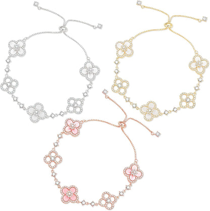 3Pcs Gold Plated Clover Bracelets for Women Trendy Lucky Sliver Four Leaf Clover Bracelet Set Stack White/Pink/Golden Jewelry Charm Flower Pulseras Para Mujer Birthday Gifts for Women/Mom/Friends