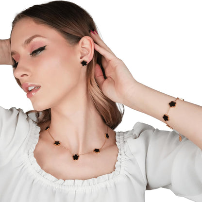 Five Leaf Clover Jewelry Set for Women |18K Gold Plated Bracelet Necklace Earrings | 5 Leaf Lucky Choker and Ear Studs for Mother and Daughter