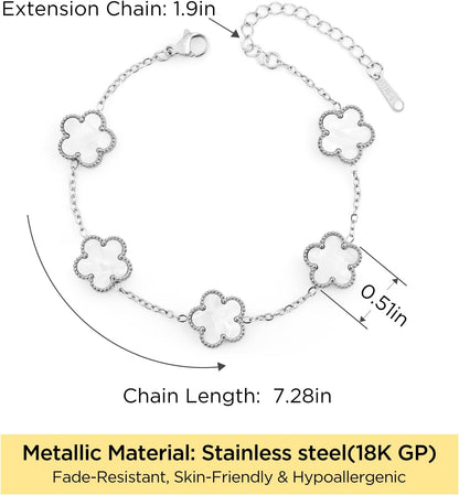 18K Silver/Gold Bracelets Set for Women (Skin-Friendly&Fade-Resistant) Four Leaf Clover Trendy Lucky Bracelet (Double Sided) Silver/Gold Jewelry Set for Women Birthdays Holidays Gifts 3Pcs