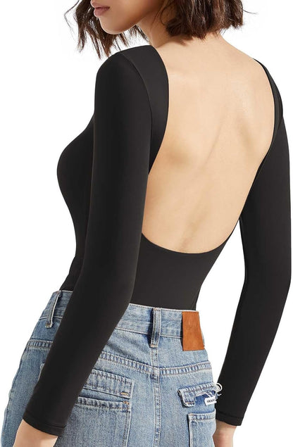 SUUKSESS Women Backless Y2K Long Sleeve Bodysuit Double Lined Open Back Sexy Basic Top