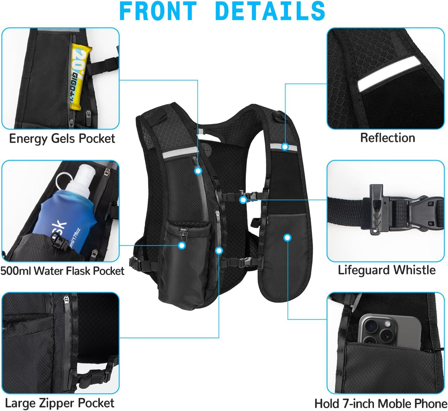 Front view of multi-pocket hydration backpack design