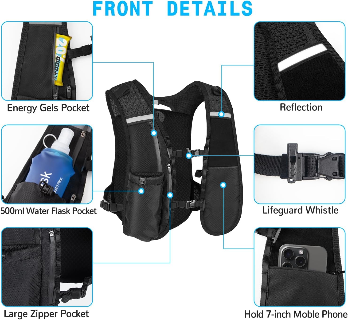 Front view of multi-pocket hydration backpack design