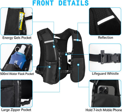 Front view of multi-pocket hydration backpack design