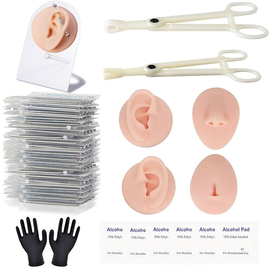 Piercing Kit Silicone Model Body Part Displays, 39 Body Piercing Kit,25Mixed 12G 14G 16G 18G 20G Ear Nose Piercing Needles 2 Piercing Clamps 6 Clean Tools 2 Gloves Soft Fake Nose Navel Ear 5D Model