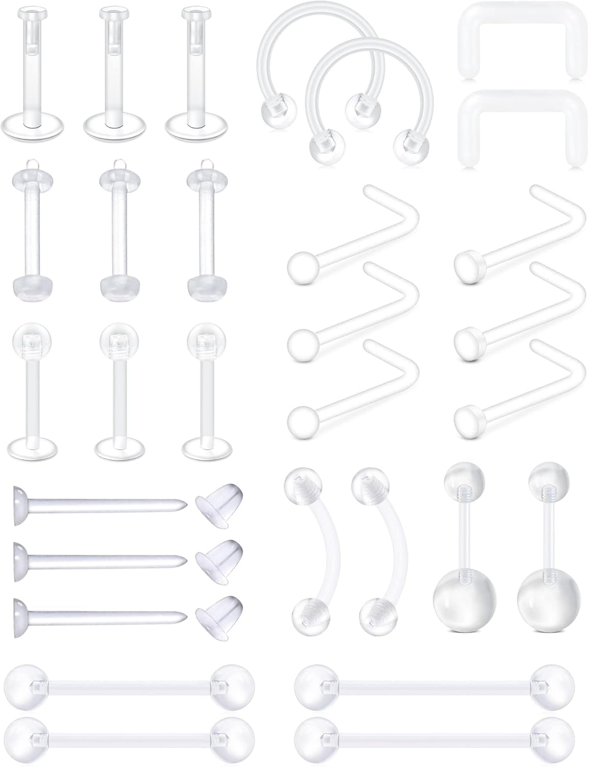MODRSA Clear Nose Rings & Studs - Plastic Nose Piercing Retainers - 16G, 18G, 20G - Clear Cartilage Earrings & Lip Piercing Retainer