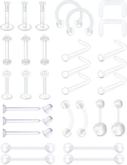 MODRSA Clear Nose Rings & Studs - Plastic Nose Piercing Retainers - 16G, 18G, 20G - Clear Cartilage Earrings & Lip Piercing Retainer