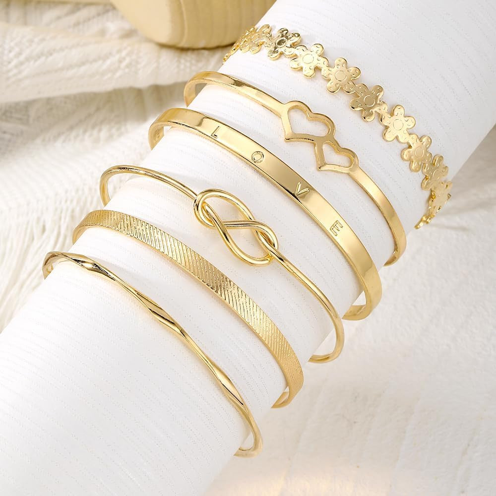 Boho style layered gold cuff bangles showing non-tarnish finish