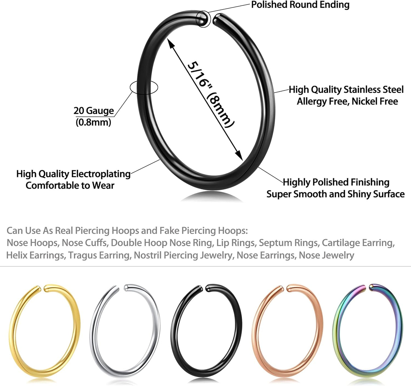 1-16Pcs 16G 18G 20G 22G Nose Rings Hoops Nose Piercings Fake Nose Ring Fake Septum Nose Ring Fake Lip Rings Fake Septum Piercing Fake Nose Piercing Fake Nose Hoop Faux Nose Rings Clip on Nose Cuffs Nose Piercing Jewelry Nose Rings for Women Men Nose Hoops