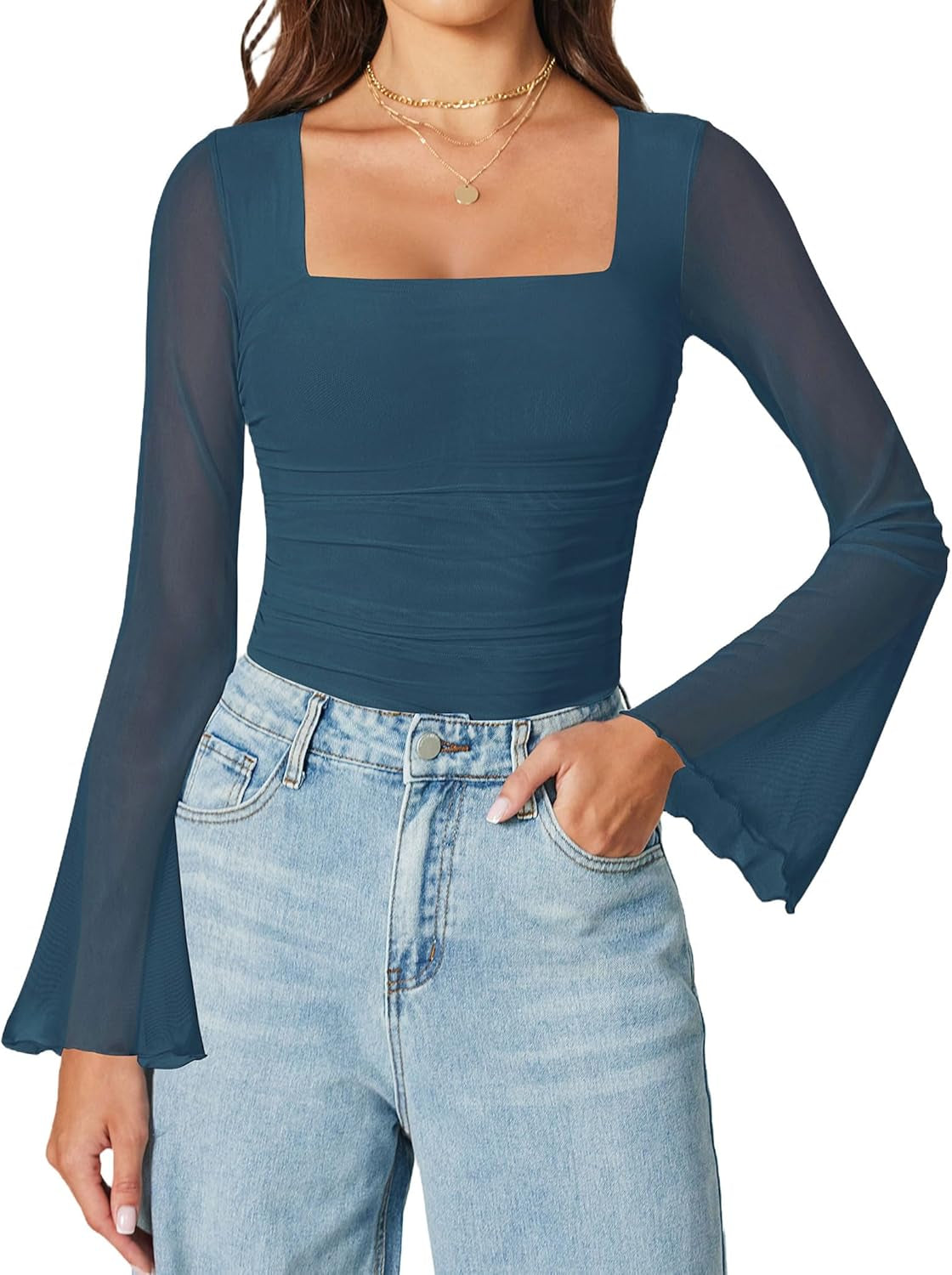 Avidlove Bodysuits for Women Long Bell Sleeve Mesh Square Neck Body Suits Going Out Tops Country Concert Outfits