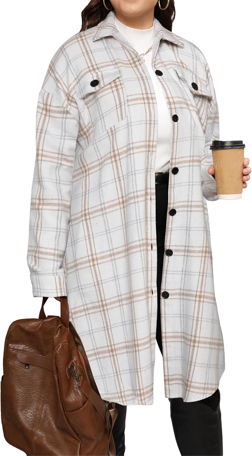 Long flannel shacket in tartan pattern perfect for fall outfits
