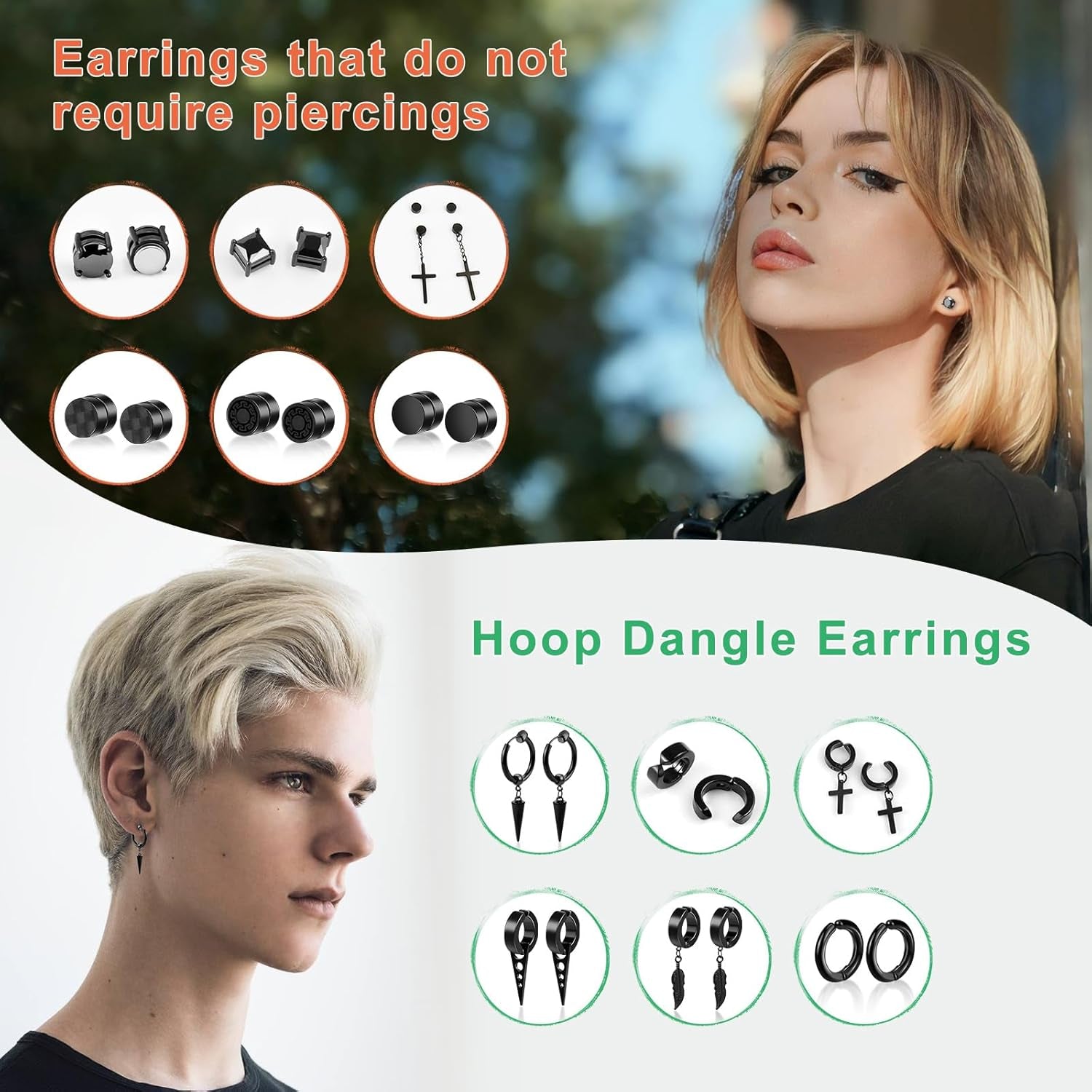 ONESING 12 Pairs Black Magnetic Earrings: Clip On, Hoop & Dangle Designs - Non-Piercing Set for Men & Women