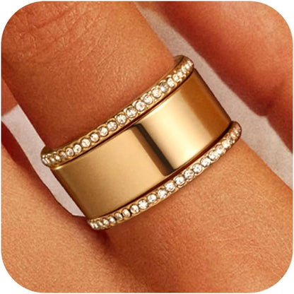14K gold plated stacking rings worn together on woman's hand