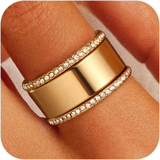 14K gold plated stacking rings worn together on woman's hand