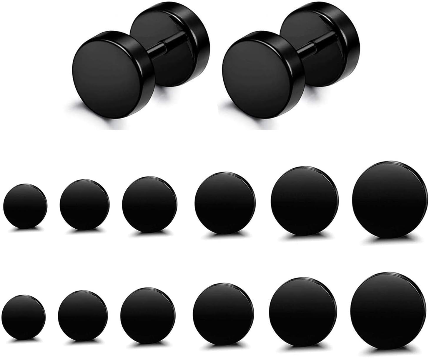 FIBO STEEL 6 Pairs Stainless Steel Black Stud Earrings for Men Women Faux Gauges Ear Tunnel Fake Gauge Earrings 3-8Mm