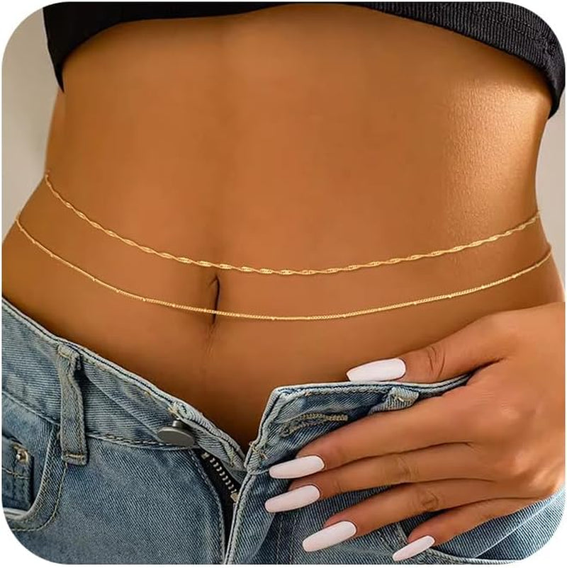2PCS Gold Silver Waist Chain Adjustable Layered Belly Chain Body Chain Jewelry for Women Sexy Bikini Beach Boho Pearl Beaded Cuban Satellite Waist Chains