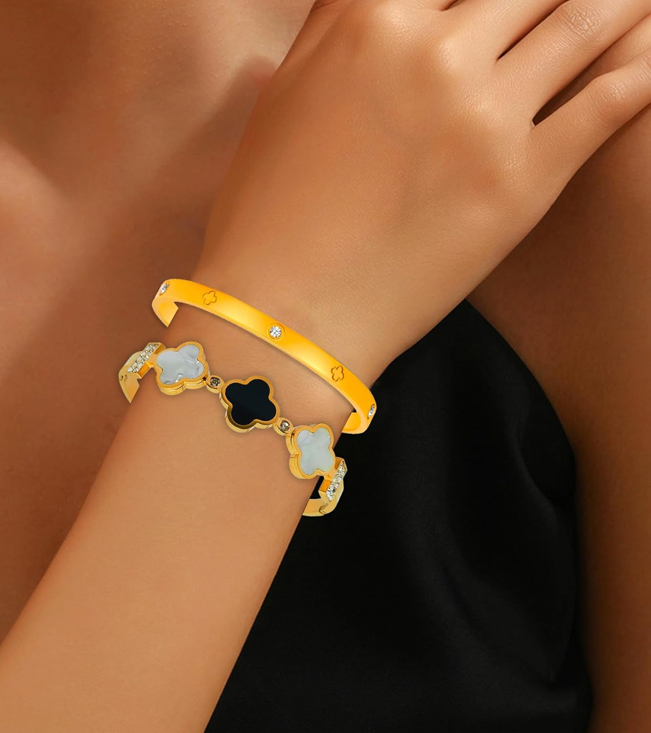 Clover Bracelet for Women, Stainless Steel Four Leaf Clover Bracelet, 18K Gold Plated Stackable Bracelet Jewelry, Lucky Love Cuff Bangle, Birthday Gift for Women