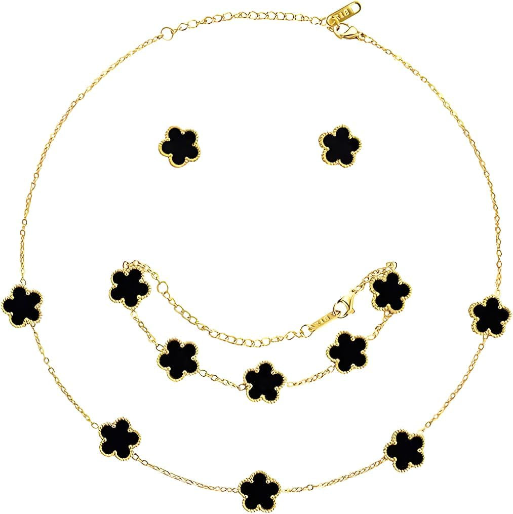 Lucky Clover Necklace Jewelry Sets,18K Gold Plated Flower Design Five Leaf Bracelet,Clover Necklace Pendant,Clover Earrings for Women Lucky, 4 Leaf Clover Necklace