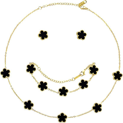 Lucky Clover Necklace Jewelry Sets,18K Gold Plated Flower Design Five Leaf Bracelet,Clover Necklace Pendant,Clover Earrings for Women Lucky, 4 Leaf Clover Necklace