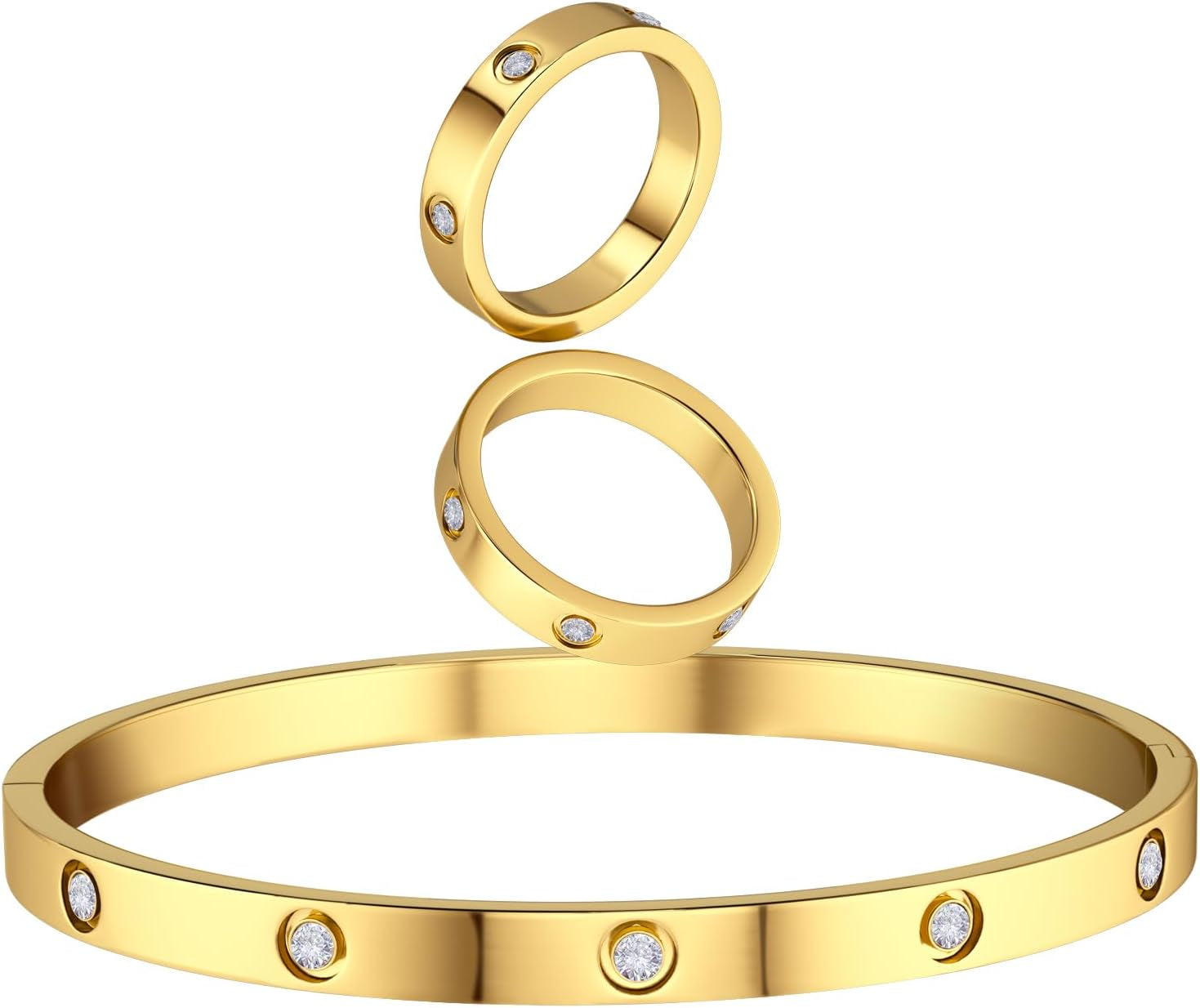 18K Gold Plated Jewelry Set for Women Men, Love Friendship Stainless Steel Bracelet with Rings Hinged Cubic Zirconia Oval Bangle, Best Gift for Mother'S Day Birthday Wedding Couples