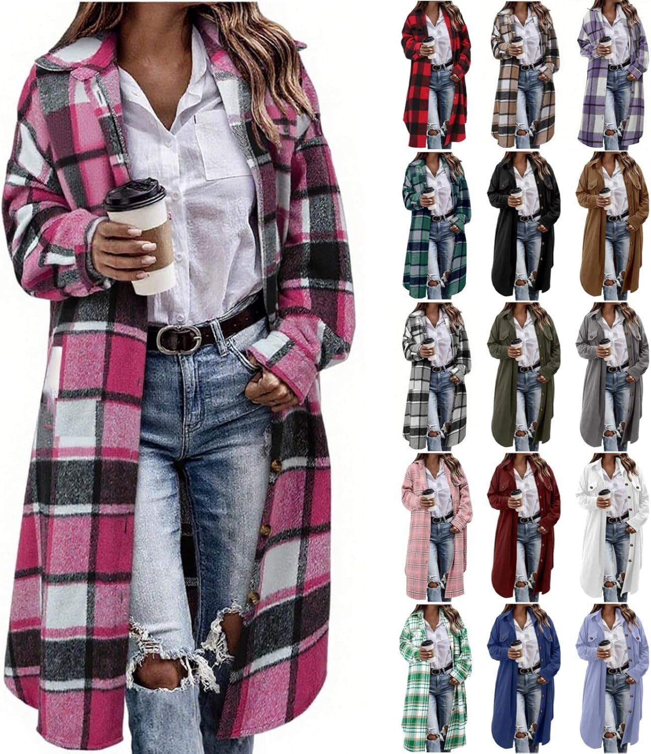 Flannel Shirt Women Plaid Jacket Womens Shacket Casual Lapel Button down Long Sleeve Trench Coat Warm Winter Jackets