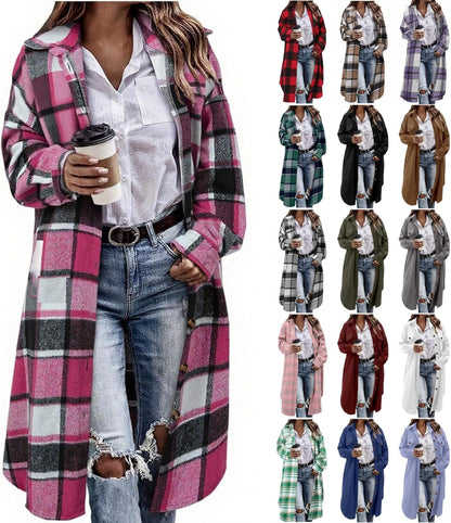 Flannel Shirt Women Plaid Jacket Womens Shacket Casual Lapel Button down Long Sleeve Trench Coat Warm Winter Jackets