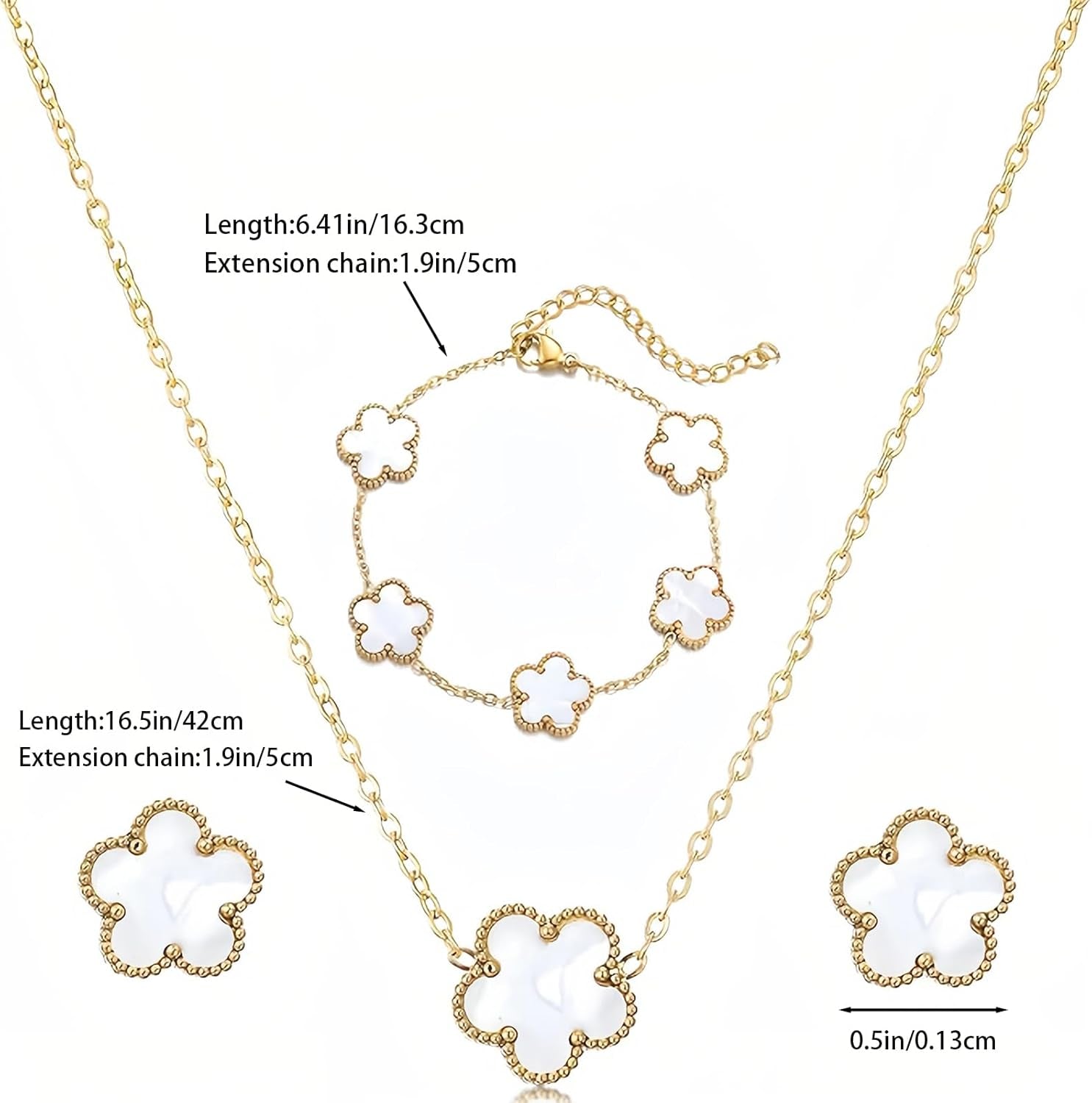 Luckybelle Leaf Clover Necklace & Gold Bracelet Set for Women, Elegant Bracelet,Earrings& Charm Jewelry Set for Anniversary, Birthday Gifts, Five-Leaf Clover Jewelry as Wedding, Party Accessories