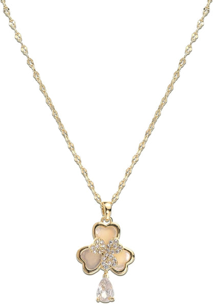 Jean Beau Lucky Clover Necklaces for Women Teen Cute Gold Four Leaf Clover Pendant Necklace Dainty Chain Choker Prom Wedding Accessories Jewelry Gift